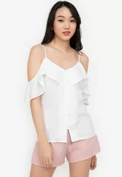 ZALORA BASICS Button Cold Shoulder Ruffle Cami Top