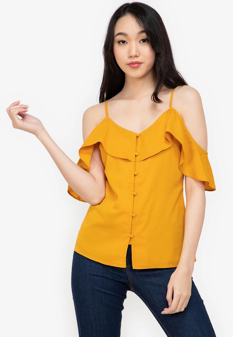ZALORA BASICS Button Cold Shoulder Ruffle Cami Top