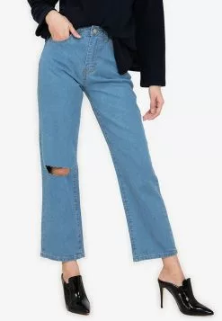 ZALORA BASICS Ripped Knee Straight Crop Jeans