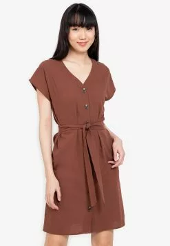 ZALORA BASICS Drop Shoulder Button Down Dress With Tie