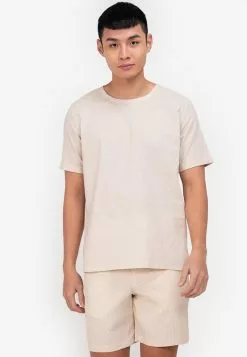 ZALORA BASICS Linen Blend Roll Up Sleeve T-Shirt