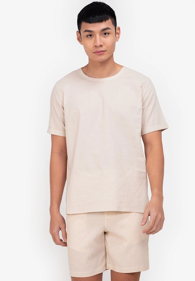 ZALORA BASICS Linen Blend Roll Up Sleeve T-Shirt
