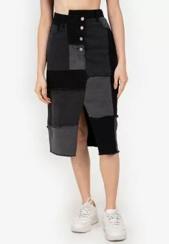ZALORA BASICS Patchwork Asymmetrical Midi Denim Skirt