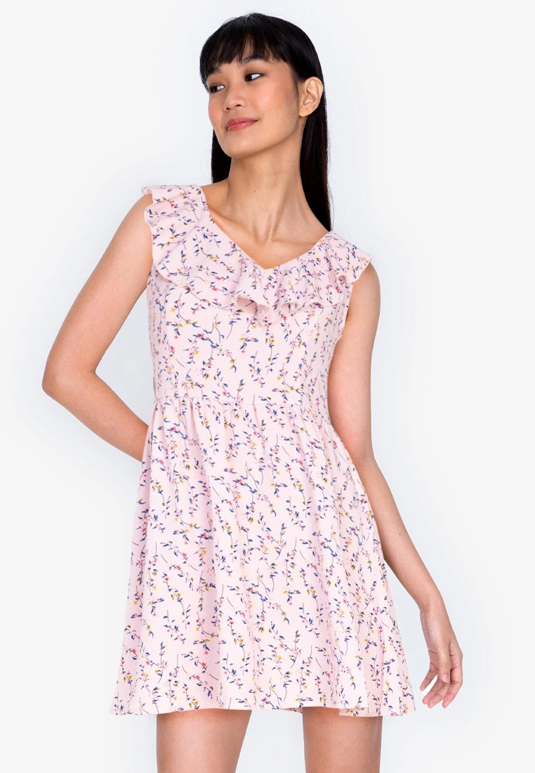 ZALORA BASICS V-Neck Ruffle Mini Dress